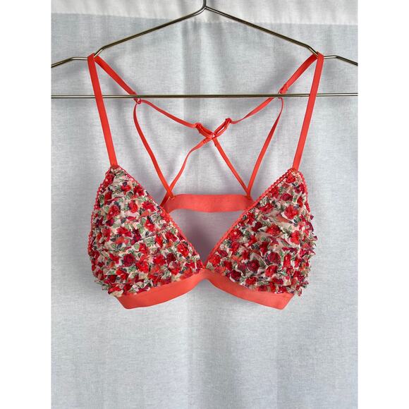 Aerie Bralette Triangle Ruffle Strappy Coral Floral Flower Artsy Hippie Groovy - Picture 1 of 3